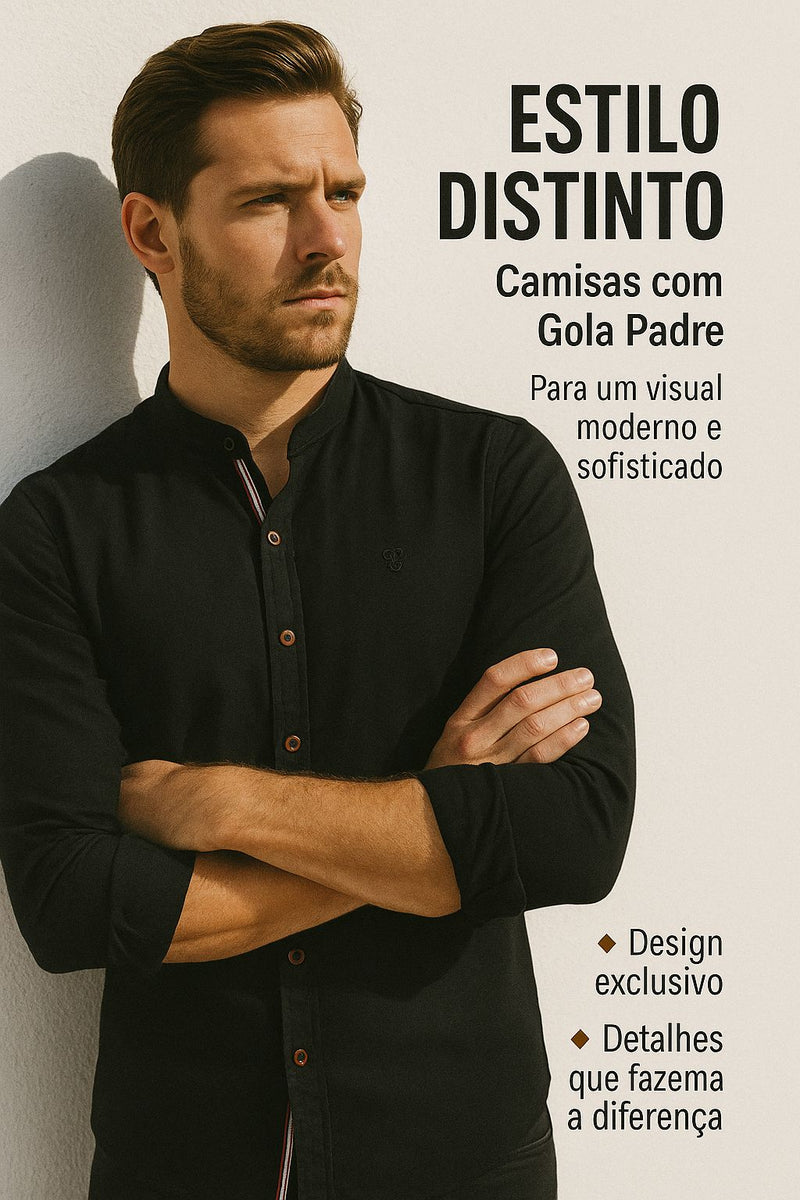 Camisa de Botão Social Masculina Manga Longa Gola Padre de Alta Qualidade