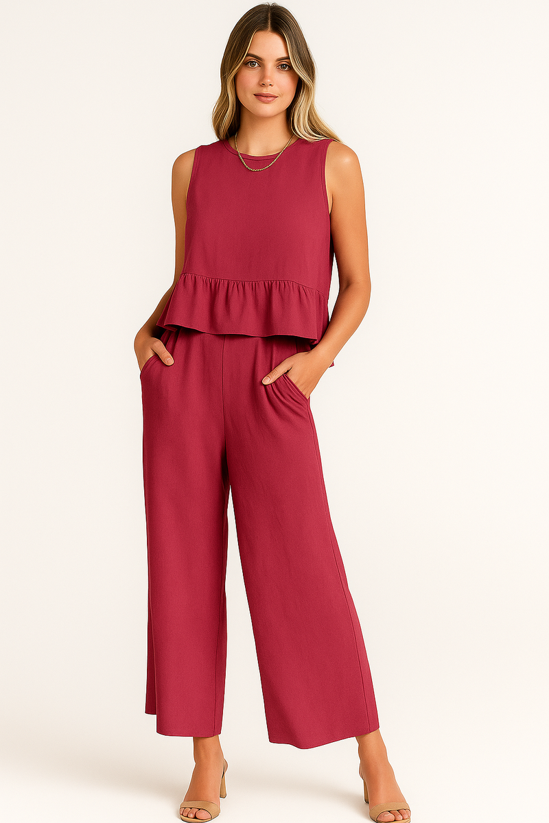 Conjunto Feminino com Blusa Peplum e Calça Reta