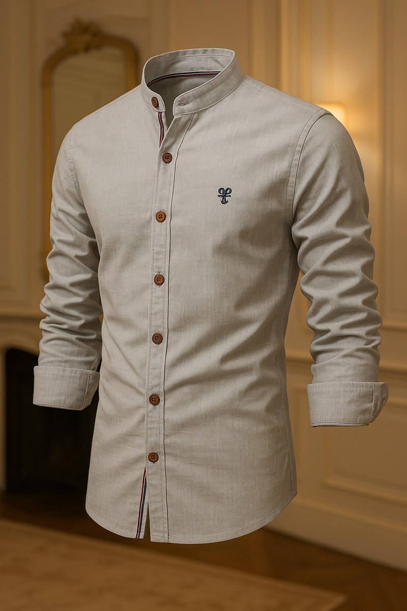 Camisa de Botão Social Masculina Manga Longa Gola Padre de Alta Qualidade