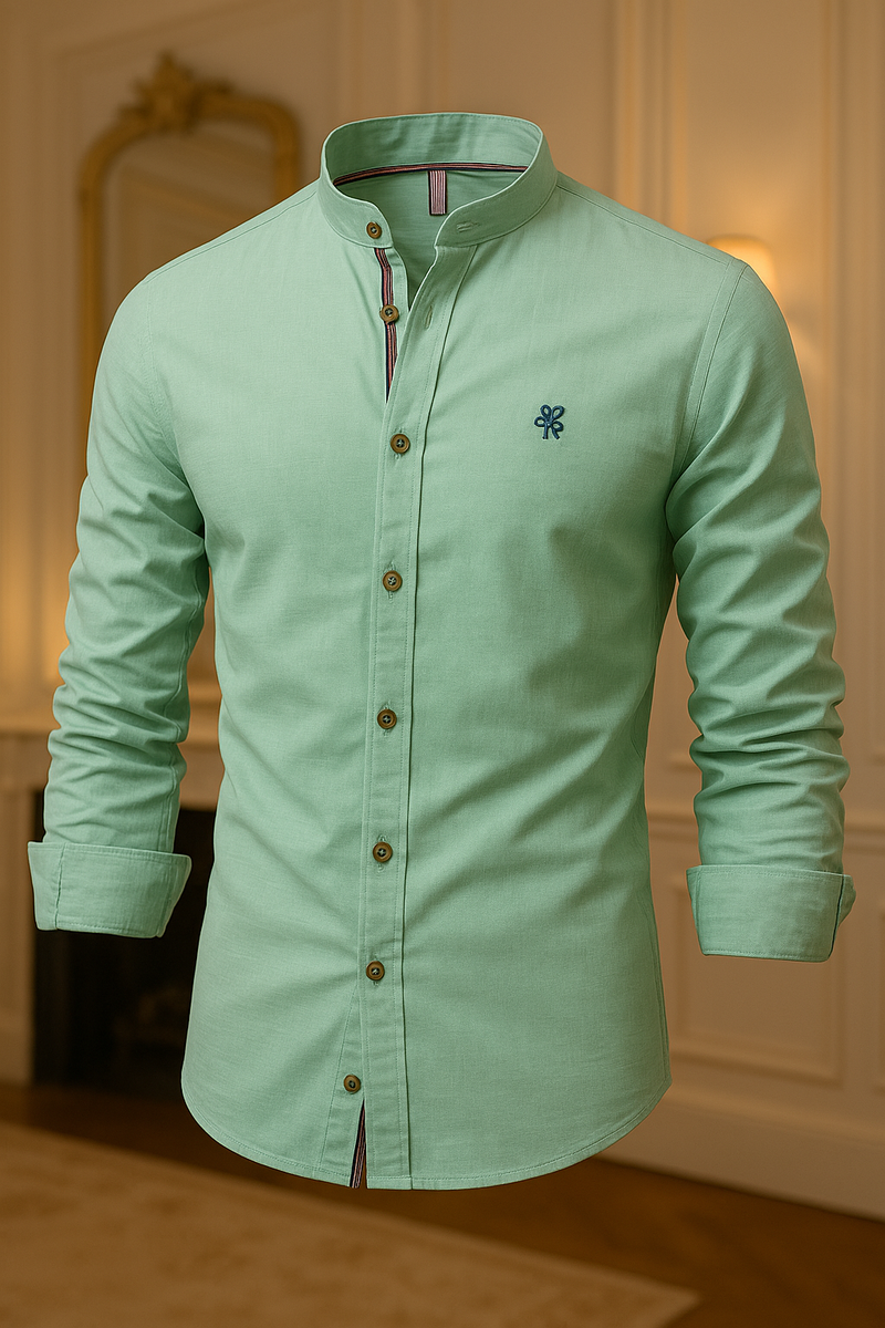 Camisa de Botão Social Masculina Manga Longa Gola Padre de Alta Qualidade