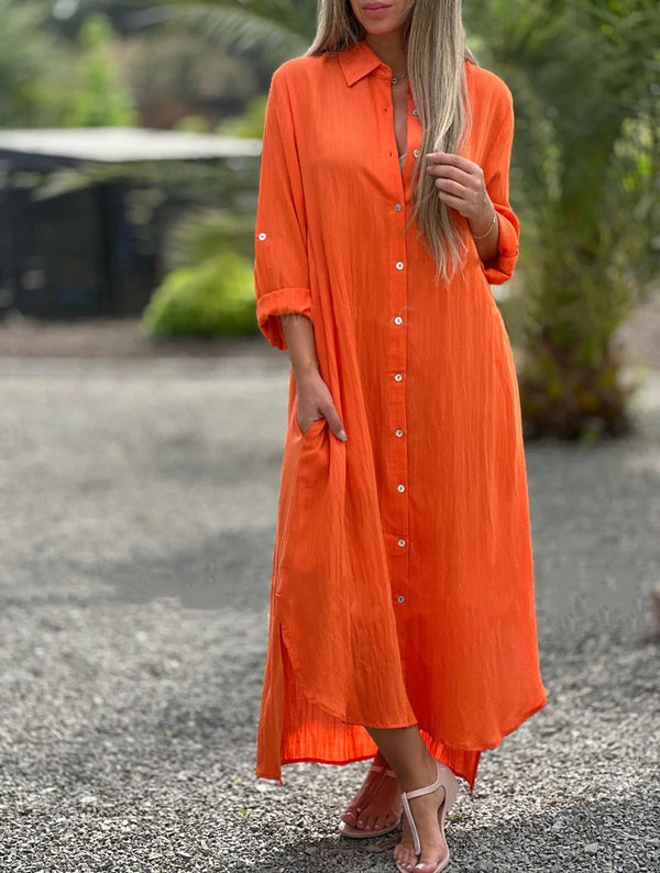 Vestido Chemise em Algodão e Linho com Decote em V